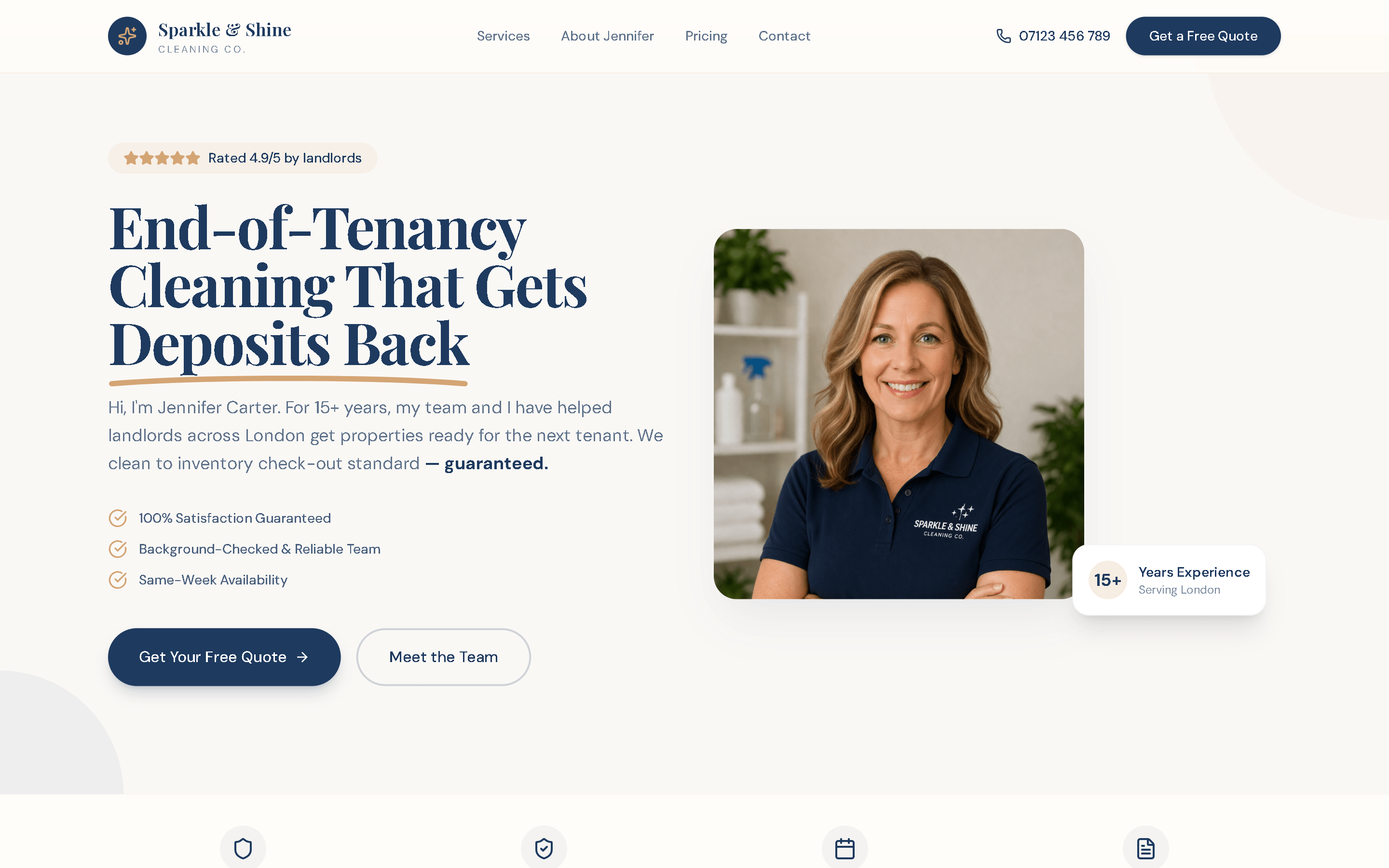 Sparkle & Shine website — end-of-tenancy cleaning hero section